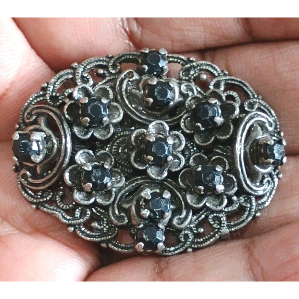 Filagree Flower Silver Tone Black Rhinestone Layered Vintage Brooch